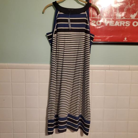 J. Jill Wearever Multi Striped Halter Dress Black Blue White, Stretch Jerseynorm - Picture 2 of 12